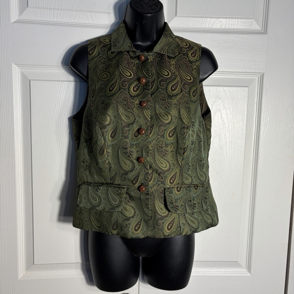 Vintage Cache Vest Women S Green Paisley Jacquard Button Front 90s Brocade Top